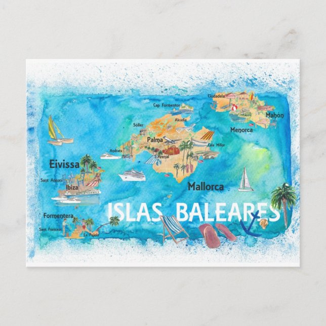 Cartão Postal Mapa de Viagem das Ilhas Baleares Ilustrado (Frente)