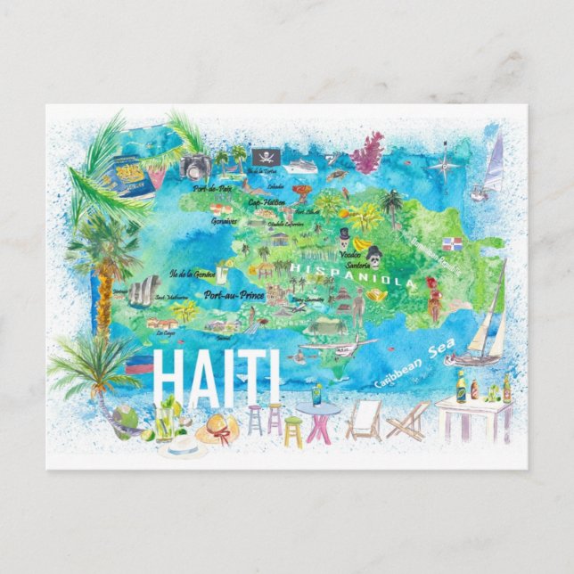 Cartão Postal Mapa de Viagem das Ilhas Ilustradas do Haiti com E (Frente)