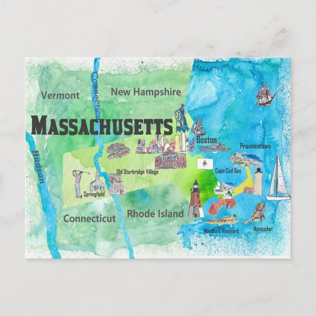 Cartão Postal Mapa de Viagem de Massachusetts (Frente)