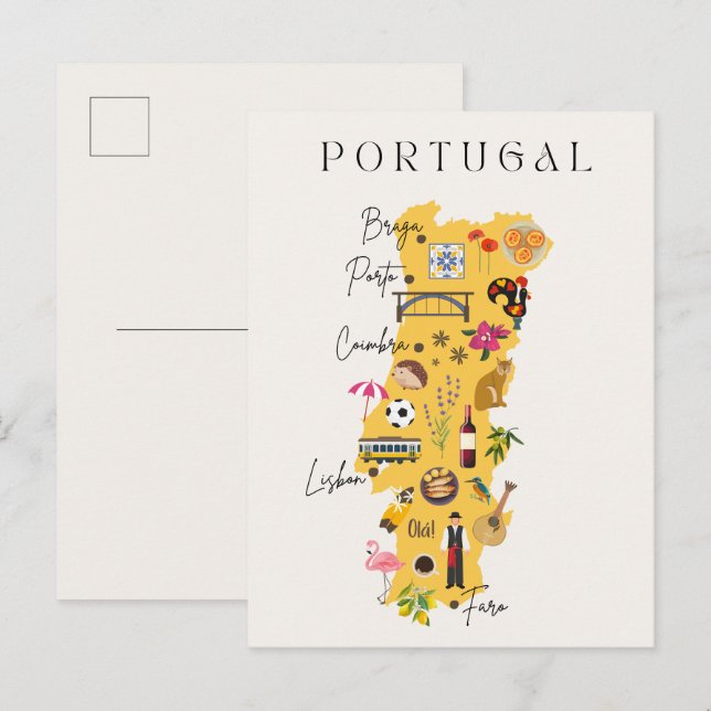 Cartão Postal Mapa de viagem de Portugal (Frente/Verso)