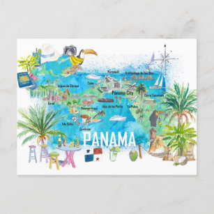 Cartão Postal Mapa de Viagem do Panamá Ilustrado