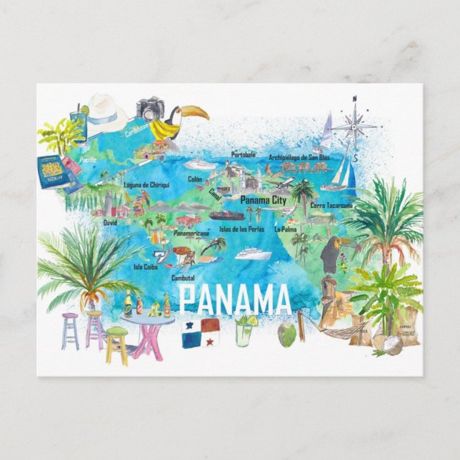 Cartão Postal Mapa de Viagem do Panamá Ilustrado (Frente)