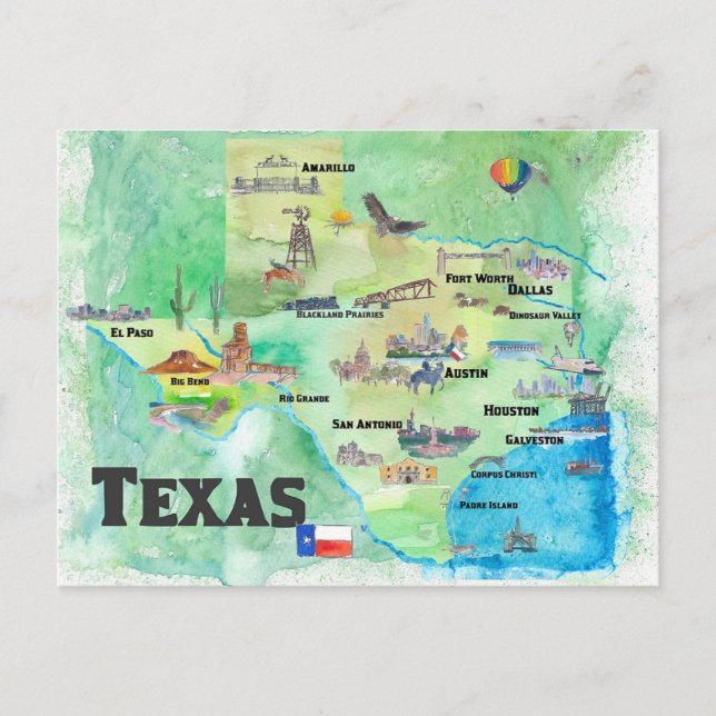 Cartão Postal Mapa de Viagem do Texas EUA com Destaques (Frente)