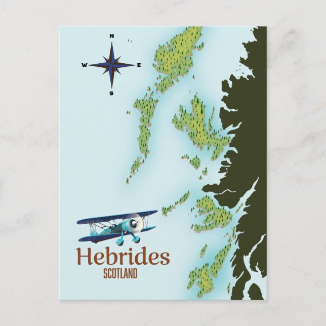 Cartão Postal Mapa de viagem Hébridas Escócia. (Frente)