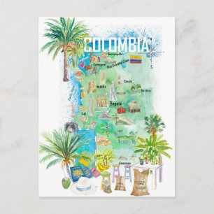 Cartão Postal Mapa de Viagem ilustrado da Colômbia