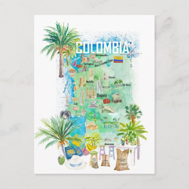 Cartão Postal Mapa de Viagem ilustrado da Colômbia (Frente)
