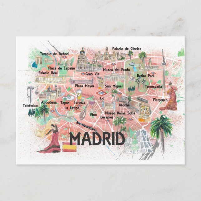 Cartão Postal Mapa de Viagem Ilustrado da Espanha Madrid com Est (Frente)