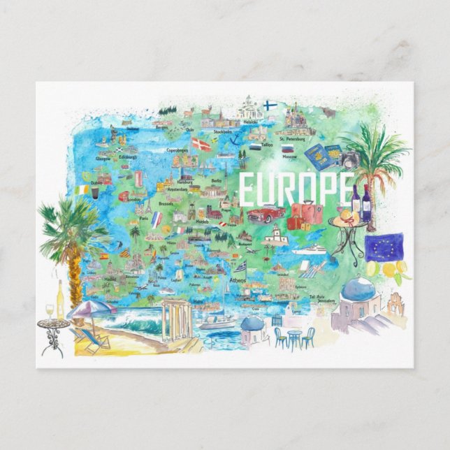 Cartão Postal Mapa de Viagem ilustrado da Europa (Frente)