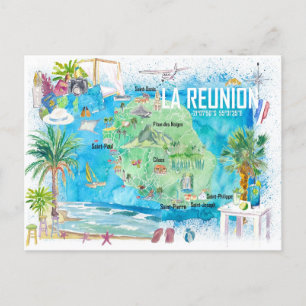 Cartão Postal Mapa de viagem ilustrado da Ilha da Reunião