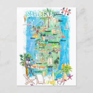 Cartão Postal Mapa de Viagem ilustrado da Sardenha