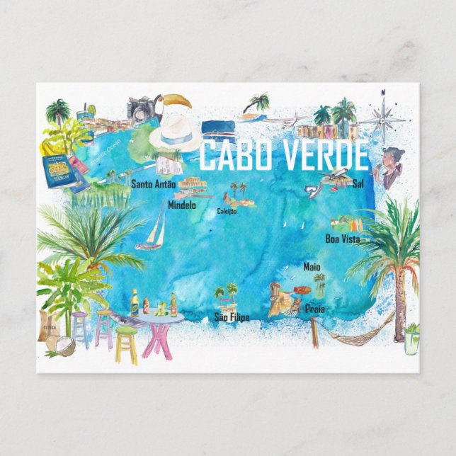 Cartão Postal Mapa de viagem ilustrado das ilhas de Cabo Verde (Frente)
