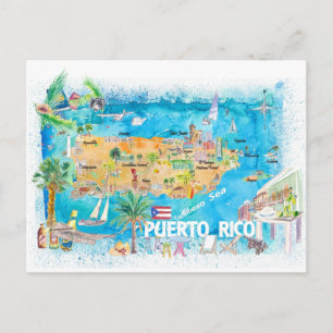 Cartão Postal Mapa de Viagem Ilustrado das Ilhas Porto Rico