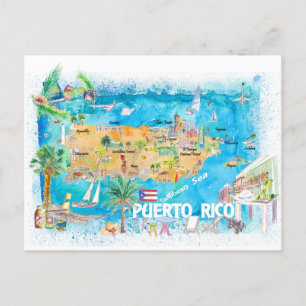 Cartão Postal Mapa de Viagem Ilustrado das Ilhas Porto Rico
