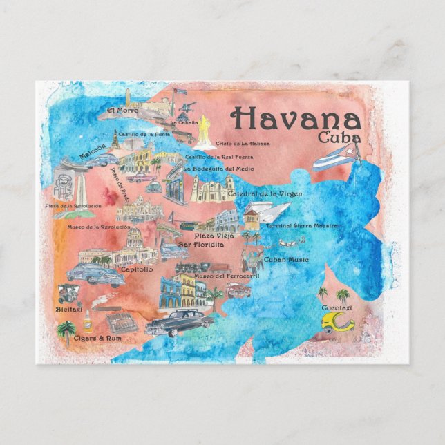 Cartão Postal Mapa de Viagem Ilustrado de Havana Cuba (Frente)