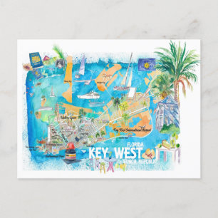 Cartão Postal Mapa de viagem ilustrado de Key West Flórida com e