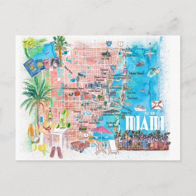 Cartão Postal Mapa de Viagem Ilustrado de Miami Flórida com Estr (Frente)