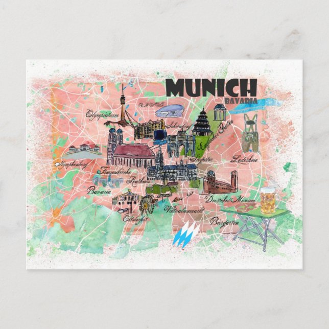Cartão Postal Mapa de Viagem Ilustrado de Munique Bavaria (Frente)