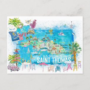 Cartão Postal Mapa de viagem ilustrado de Saint Thomas USVI