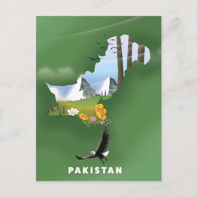 Cartão Postal Mapa de viagem ilustrado do Paquistão. (Frente)