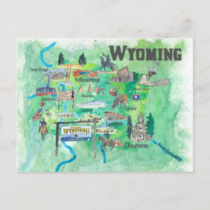 Cartão Postal Mapa de Viagem Ilustrado do Wyoming dos EUA