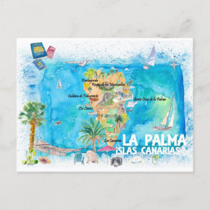 Cartão Postal Mapa de Viagem La Palma Ilustrado com Estradas