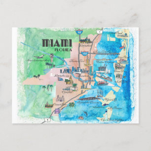 Cartão Postal Mapa de Viagem Retro de Miami Florida