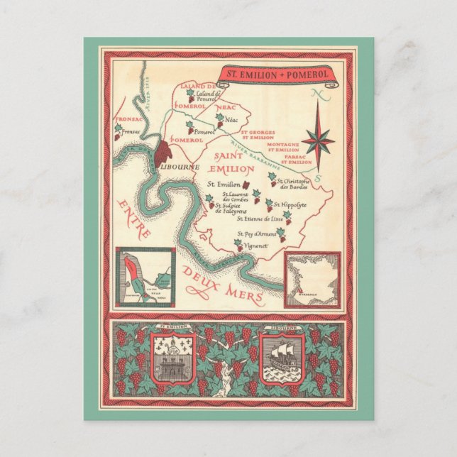 Cartão Postal Mapa de Vinho de Bordeaux de St. Emilion (Frente)
