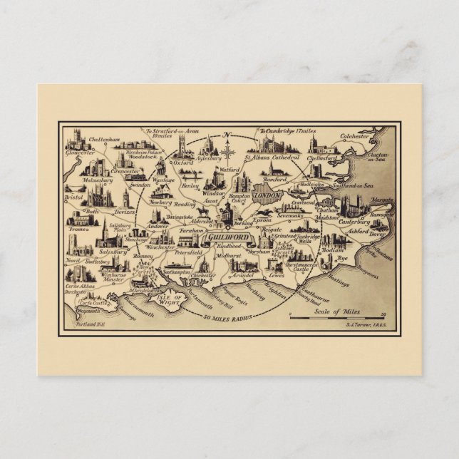 Cartão Postal Mapa de vinhos de Guildford, Surrey, Londres, Kent (Frente)