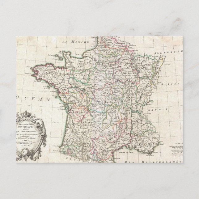 Cartão Postal Mapa de Vintage da França (1771) (Frente)