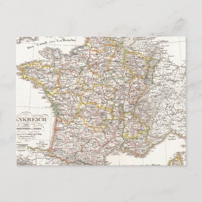 Cartão Postal Mapa de Vintage da França (1850) (Frente)