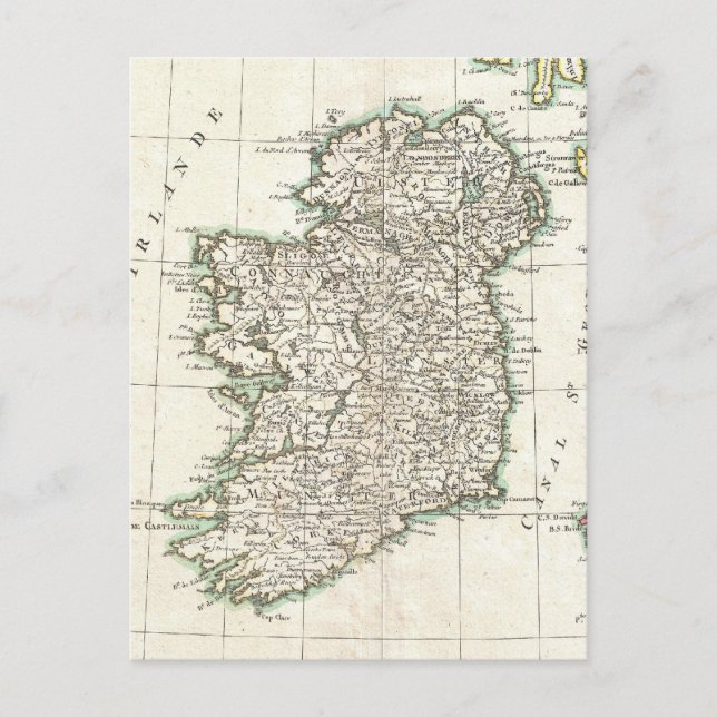 Cartão Postal Mapa de Vintage da Irlanda (1771) (Frente)