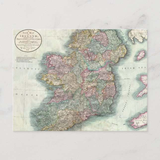 Cartão Postal Mapa de Vintage da Irlanda (1799) (Frente)
