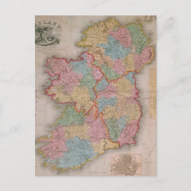 Cartão Postal Mapa de Vintage da Irlanda (1835) (Frente)