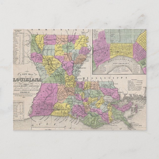 Cartão Postal Mapa de Vintage da Louisiana (1853) (Frente)