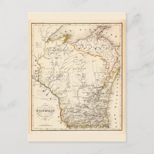 Cartão Postal Mapa de Vintage de Wisconsin 1852
