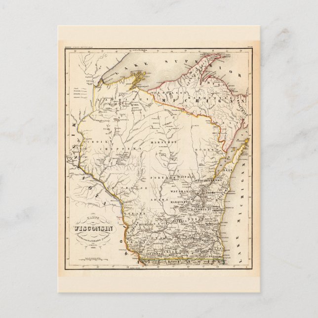 Cartão Postal Mapa de Vintage de Wisconsin 1852 (Frente)