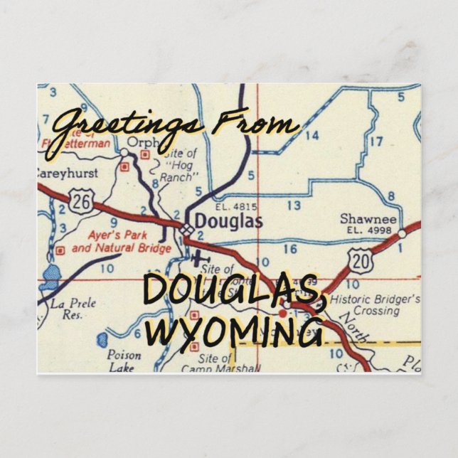 Cartão Postal Mapa de Vintage do Douglas Wyoming (Frente)