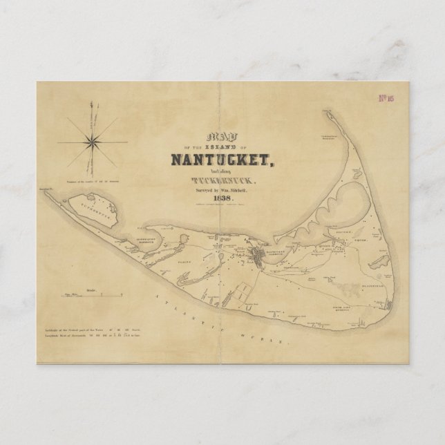 Cartão Postal Mapa de Vintage do Nantucket (1838) (Frente)