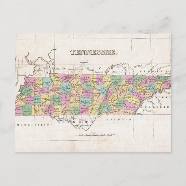 Cartão Postal Mapa de Vintage do Tennessee (1827) (Frente)