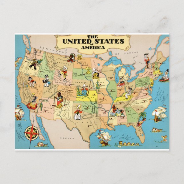 Cartão Postal Mapa de Vintage dos Estados Unidos (Frente)