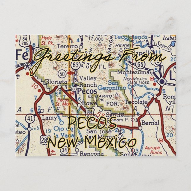 Cartão Postal Mapa de Vintagem do NM Pecos (Frente)