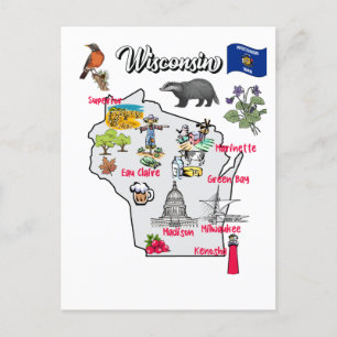 Cartão Postal Mapa de Wisconsin com Destinos Turísticos