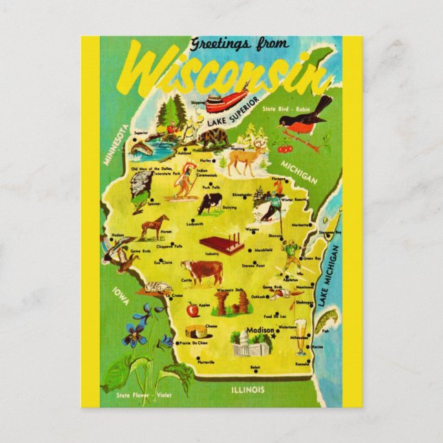 Cartão Postal Mapa de Wisconsin em Postcard Vintage (Frente)