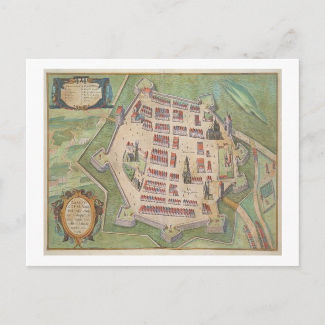 Cartão Postal Mapa de Zamosc, de Civitates Orbis Terrarum, por (Frente)