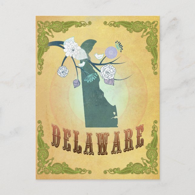 Cartão Postal Mapa Delaware Com Aves Adoráveis (Frente)