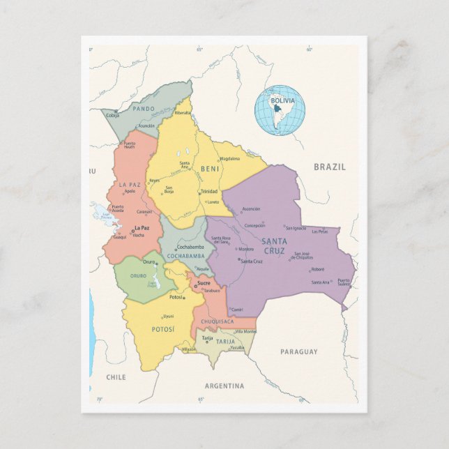 Cartão Postal Mapa detalhado da Bolívia (Frente)
