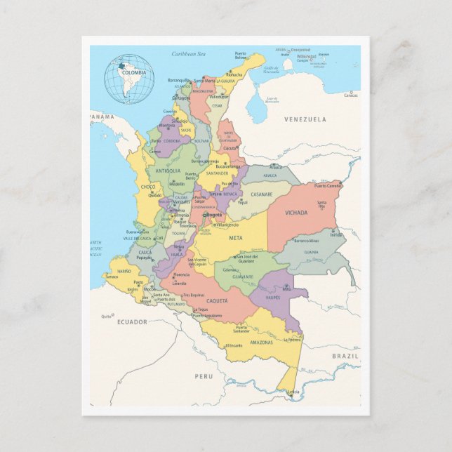 Cartão Postal Mapa detalhado da Colômbia (Frente)