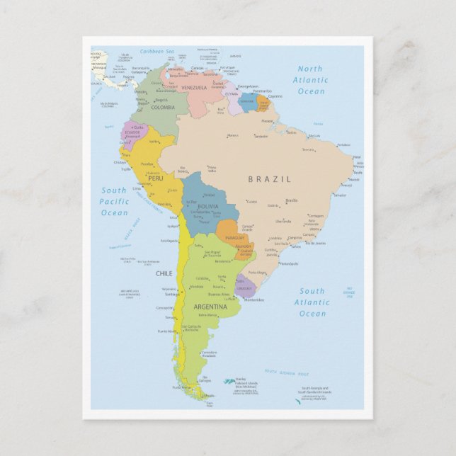 Cartão Postal Mapa detalhado do Continente da América do Sul (Frente)