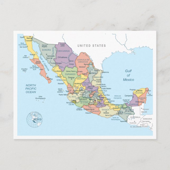 Cartão Postal Mapa detalhado do México (Frente)