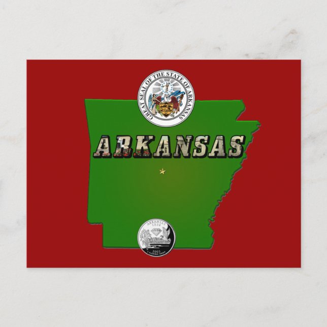 Cartão Postal Mapa do Arkansas, Selo e Serviço Estatal Faux Quar (Frente)